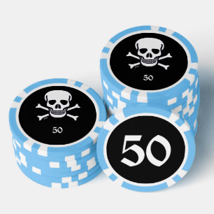 Schedel n Botten zwart lt blauw 50 gestreepte poke Poker Chips