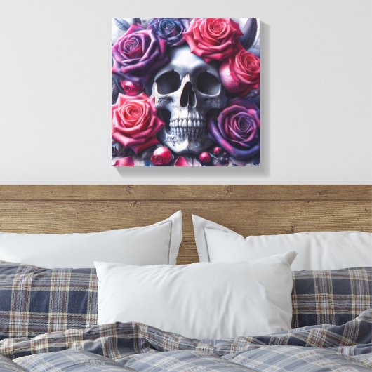 Schedel omgeven door levendige Rozen Canvas Afdruk (Insitu (Slaapkamer))