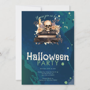 Schedel op boeken met rozen Halloween-feest Kaart