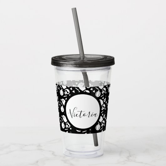 Schedel Pompoen Script Geborduurd Acryl Drinkbeker (Links)