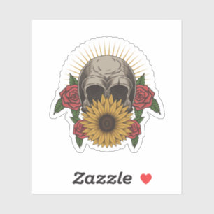 Schedel Rode rozen Zonnebloem Sticker