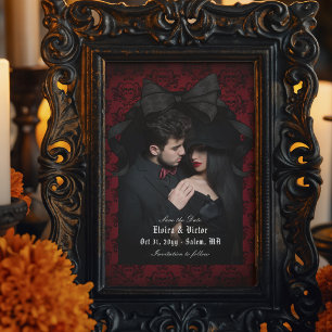 Schedel Rood Damast Zwarte Boog Goth Trouwdag Save The Date