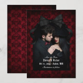 Schedel Rood Damast Zwarte Strik Goth Huwelijk Save The Date (Voorkant / Achterkant)