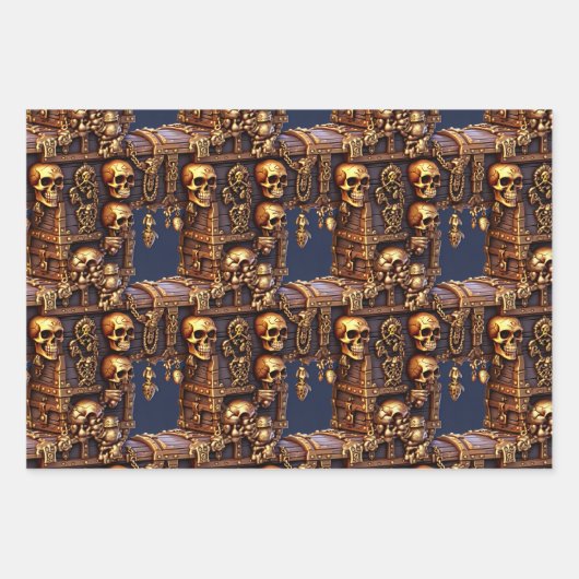 Schedel schatkist 3D bruin goud piraten thema Inpakpapier Vel (Voorkant 3)