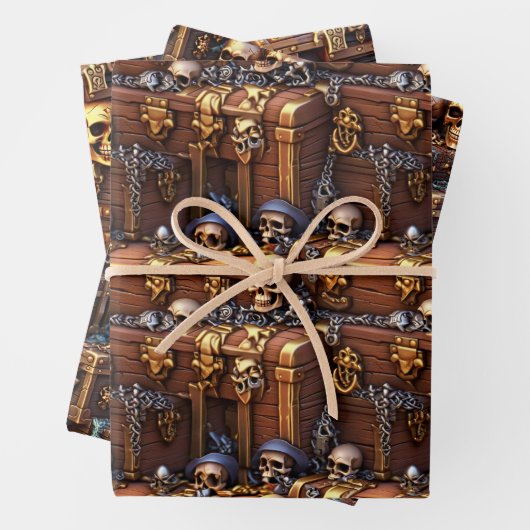 Schedel schatkist 3D bruin goud piraten thema Inpakpapier Vel (In situ)