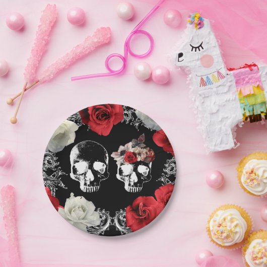 Schedel schedel rode witte rozen gotische bruiloft papieren bordje (Feest)
