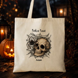 Schedel Spinnenweb Trick or Treat Aangepaste Naam Tote Bag