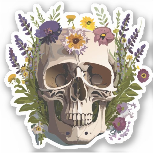 Schedel Versierd met Kleurrijke Bloem Tekeningen Sticker (Voorkant)