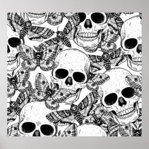 Schedel, vlinders: met de hand getekend patroon poster