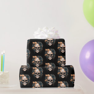 Schedel Zwart en Goud Bloemen Patroon Halloween Cadeaupapier