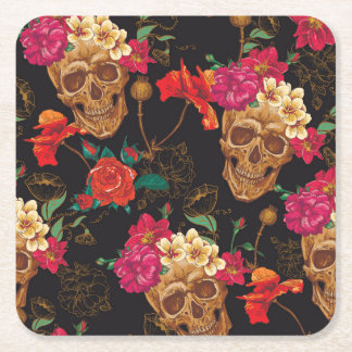 Schedelbloemen: naadloze donkere achtergrond. vierkante kartonnen onderzetter