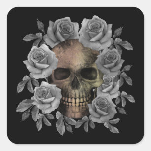 Schedelboeket bloemen zwart en wit vierkante sticker