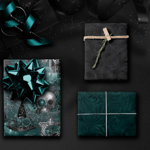 Schedelheks Floral   Dark Gothic Midnight Blauwgro Inpakpapier Vel