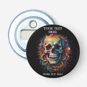 Schedelkop met meerkleurige verfspatten button flesopener