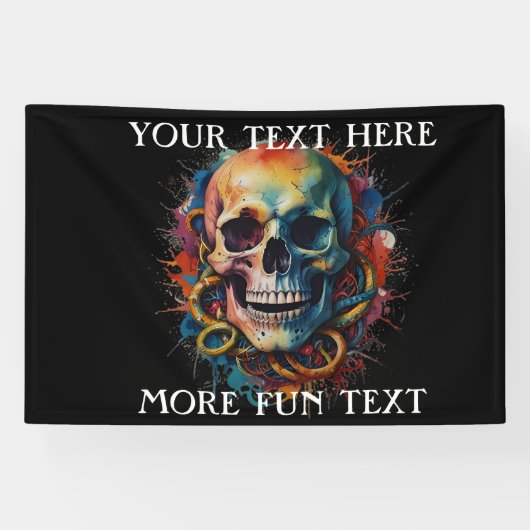 Schedelkop met meerkleurige verfspatten spandoek (Horizontaal)