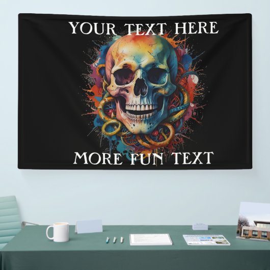 Schedelkop met meerkleurige verfspatten spandoek (Beurs)