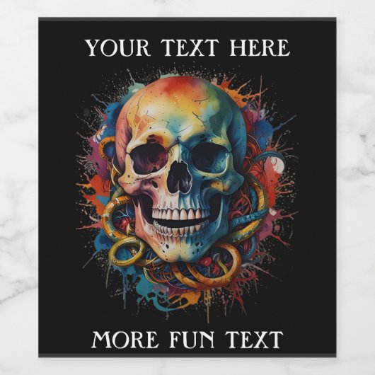 Schedelkop met meerkleurige verfspatten wijn etiket (Enkel label)