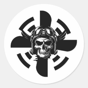 Schedelpiloot & Vliegtuigpropeller, minimalistisch Ronde Sticker