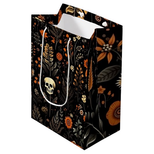 Schedels Bloemen en groen Zwart Halloween Medium Cadeauzakje (Voorkant Gekanteld)