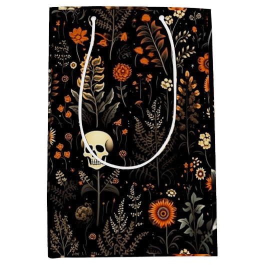 Schedels Bloemen en groen Zwart Halloween Medium Cadeauzakje (Voorkant)