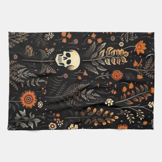 Schedels Bloemen en groen Zwart Halloween Theedoek (Horizontaal)