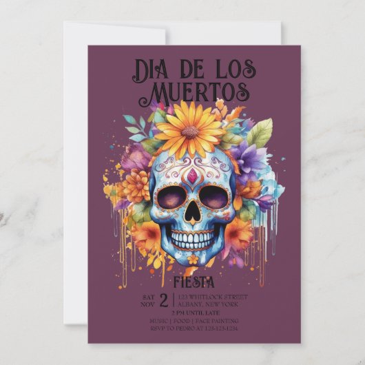 Schedels Bloemen Indigo Dia de los Muertos Party Kaart (Voorkant)
