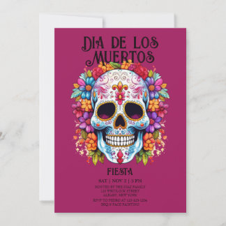 Schedels Bloemen Magenta Dia de los Muertos Party Kaart