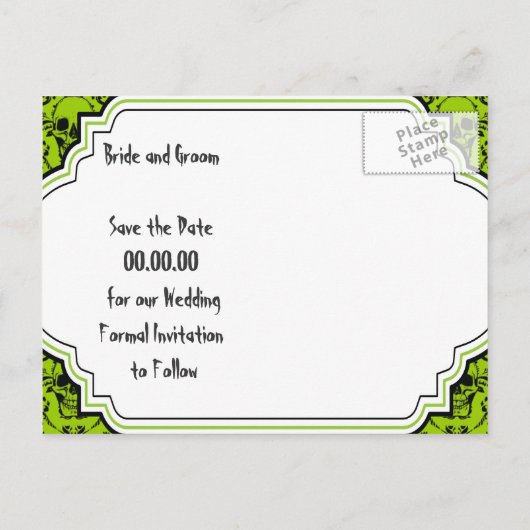 Schedels damast groen zwart Halloween Save the Dat Aankondigingskaart (Achterkant)