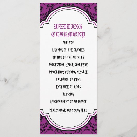 Schedels damast paarse, zwarte bruiloft programma (Achterkant)