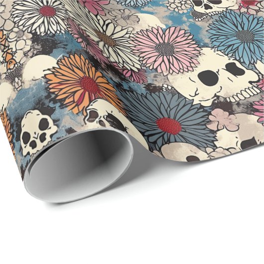 Schedels en bloemen Halloween Cadeaupapier (Rol Hoek)