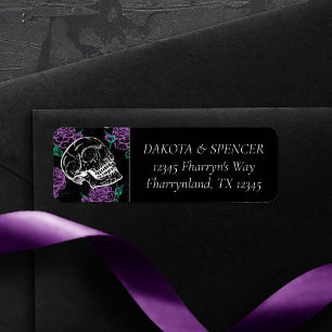 Schedels en Paarse Rozen Gothic Grunge Adres Etiket