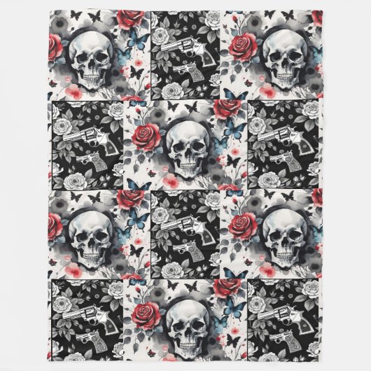 Schedels en Revolvers Bloemen Fleece Deken (Voorkant)