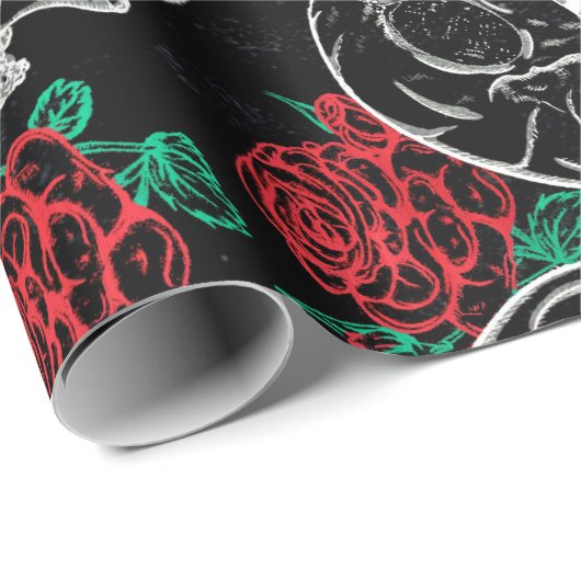 Schedels en rode rozen | Modern Gotisch Glam Grung Cadeaupapier (Rol Hoek)