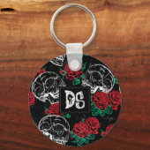 Schedels en rode rozen | Moderne Gotische Glam Cus Sleutelhanger (Voorkant)