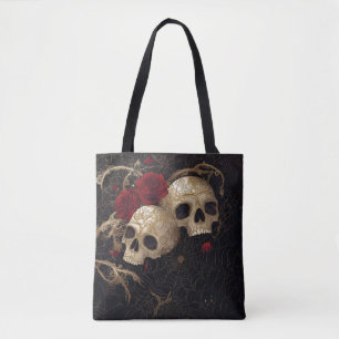 Schedels en rode rozen stijl ontwerp draagtas