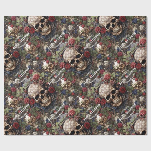 Schedels en Rozen Blauw Bloemen Gotisch Halloween Cadeaupapier (Vlak)