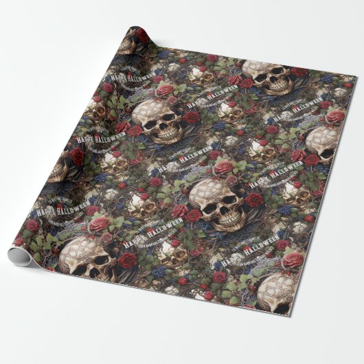 Schedels en Rozen Blauw Bloemen Gotisch Halloween Cadeaupapier (Uitgerold)