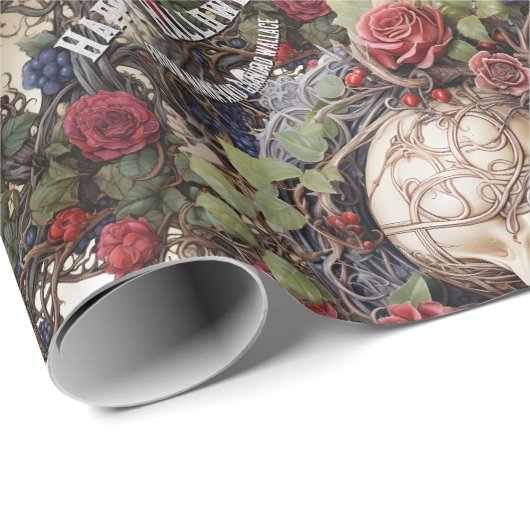 Schedels en Rozen Blauw Bloemen Gotisch Halloween Cadeaupapier (Rol Hoek)