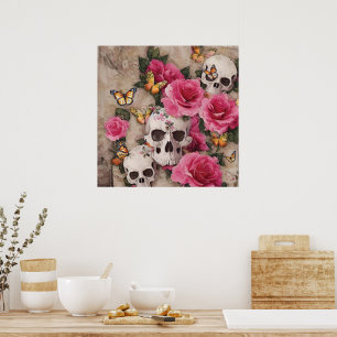 Schedels en Rozen met vlinderaccenten Poster
