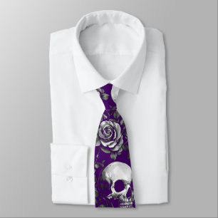 Schedels en Rozen Paarse Halloween Stropdas