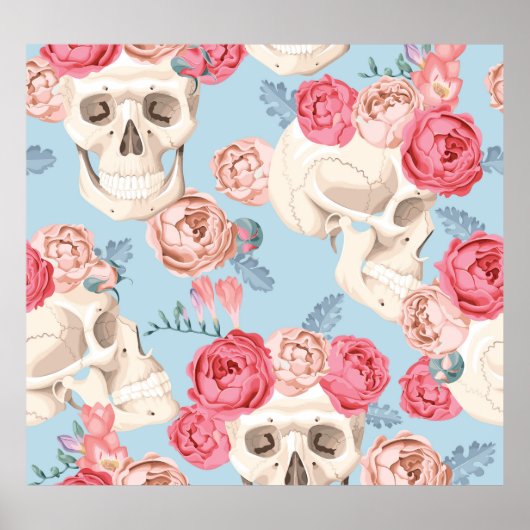 Schedels en Rozen  Patroon Poster (Voorkant)