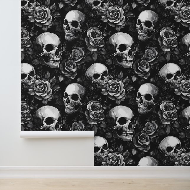 Schedels en Rozen zwart Halloween Behang (Applicatie)