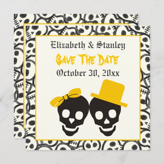 Schedels Halloween gele bruiloft Save the Date (Voorkant / Achterkant)