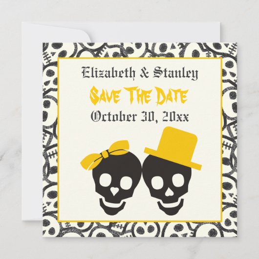 Schedels Halloween gele bruiloft Save the Date (Voorkant)