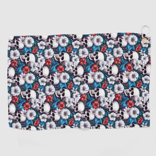 Schedels met rode en witte bloemen golfhanddoek (Horizontaal)