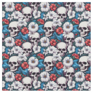 Schedels met rode en witte bloemen stof
