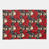 Schedels met rode en zwarte Rozen Theedoek (Horizontaal)