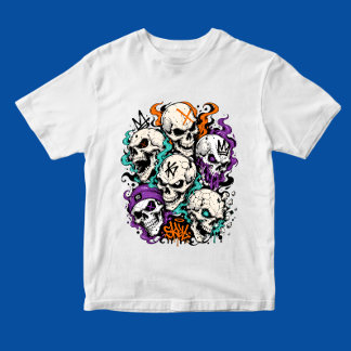Schedels Met Vlammen Cartoon Graffiti Kunststijl T-shirt