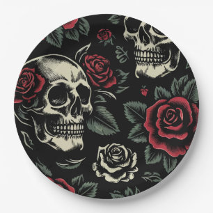 Schedels & Rode Rozen Gothic Bloemstuk Papieren Bordje
