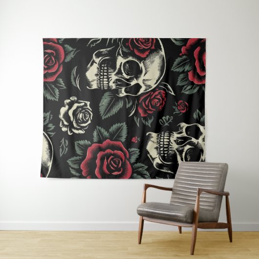 Schedels & Rode Rozen Gotische Bloemen Wandkleed (In Situ (horizontaal))